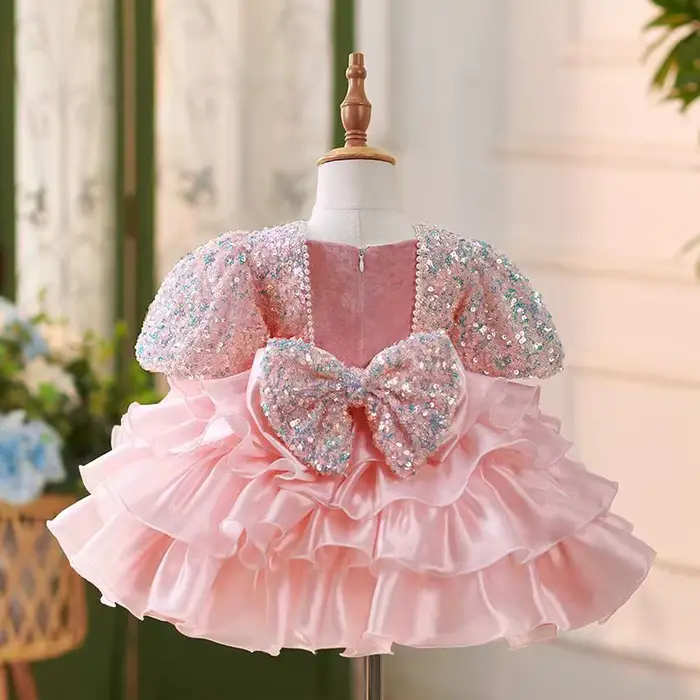 Jill Wish J453 robe à fleurs rose brillant pour filles, avec nœud en dentelle, manches bouffantes, princesse, pour enfants en bas âge, mariage, 1er anniversaire, robe de fête de concours