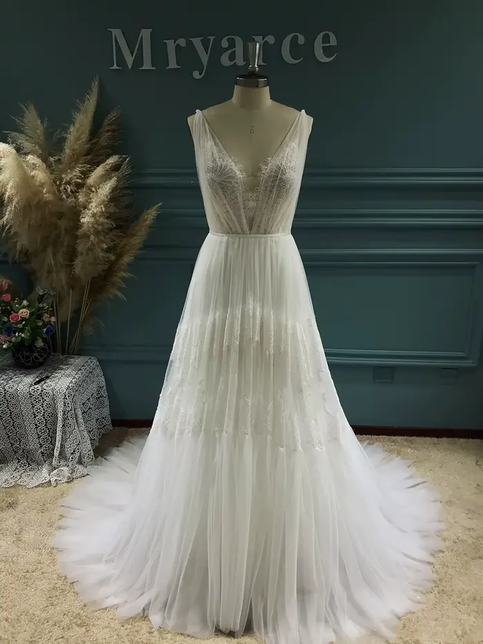 Zelyarce-Robe de mariée bohème chic et flatteuse, col en V, dentelle, tulle, fluide, pour les patien