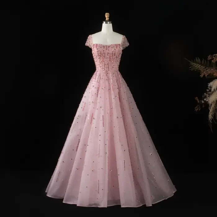 Robe de soirée formelle rose Sharon Said pour femme, avec cape perlée de luxe, élégante pour bal et 