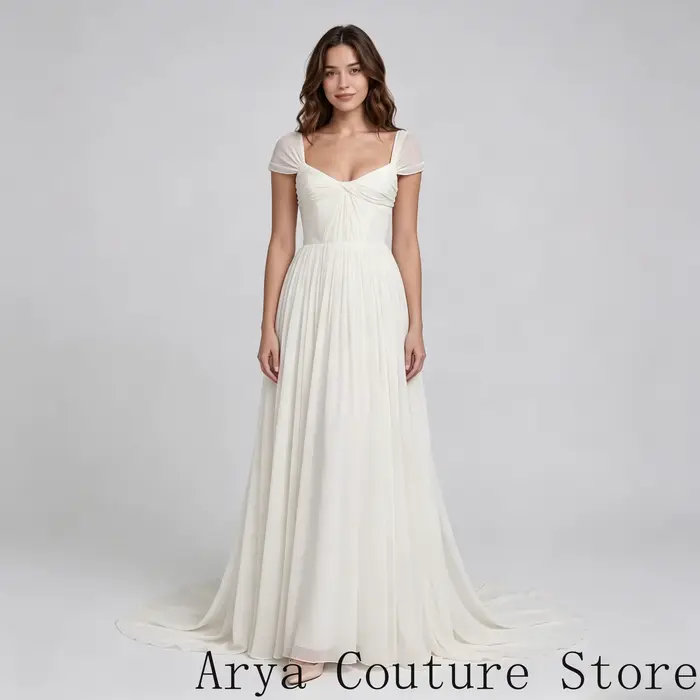 Robe de mariée romantique en mousseline ivoire, coupe A-ligne pour femmes, avec corsage drapé torsad