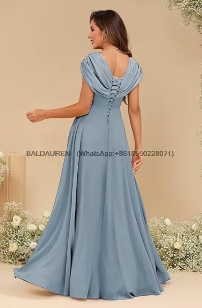 Robe de soirée en mousseline de soie avec appliques en dentelle pour la mère de la mariée, style classique, longueur au sol, col en V, manches courtes, occassions spéciales