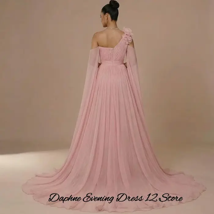 Robe de soirée classique en mousseline à une épaule avec traîne Watteau fleurs 3D pour femmes occasions spéciales soirée mariage gala晚会礼服经典雪纺单肩拖尾设计花卉三维立体剪裁女士特殊场合婚礼派对