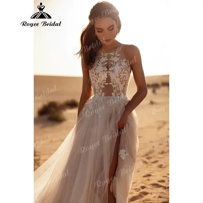 Robe de mariée bohème à col halter avec dentelle florale 3D pour mariage engagement ou fête formelle