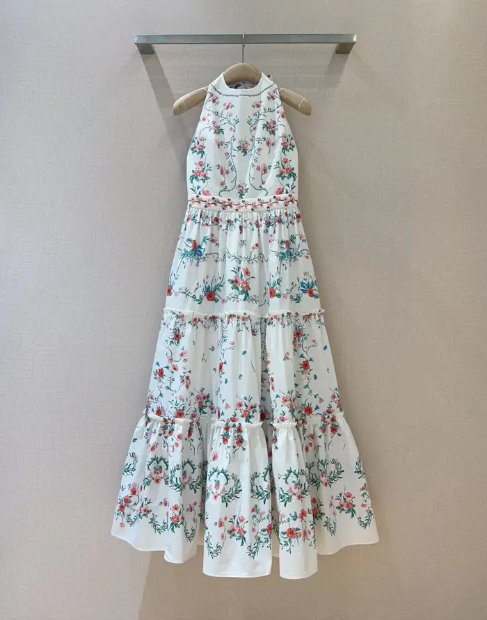 Robe longue en coton, nouveau Style de vacances, dos creux, col suspendu, décontractée, imprimé Flor