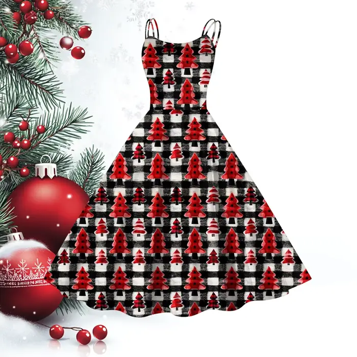 Robe de soirée sexy à bretelles spaghetti pour femmes, imprimé arbre de Noël vintage, coupe fluide, longueur aux genoux, polyester extensible, occasions spéciales et tous les jours