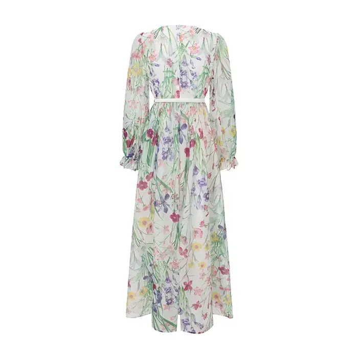 Robe de soirée longue élégante de style français vintage pour femmes, robe à manches évasées, col en V, dentelle imprimée, robe chic pour les vacances, les fêtes