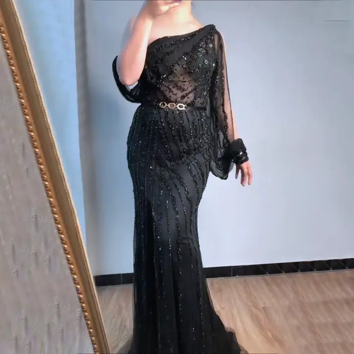 Robe de soirée de luxe 2026 pour femme, asymétrique, ornée de perles et de cristaux, avec strass et 