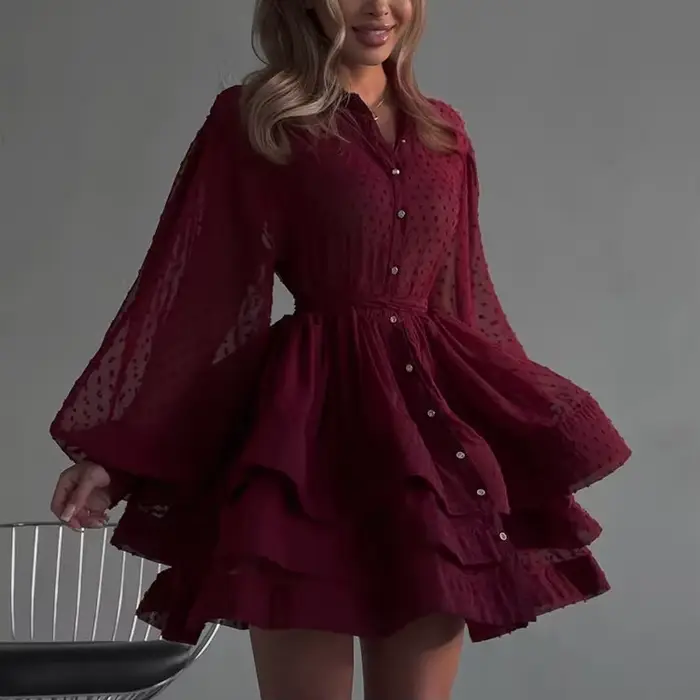 Nouvelle Robe Courte Française Tendance Coupe A Élégante à Col Revers Manches Longues Boutonnage Simple et Laçage