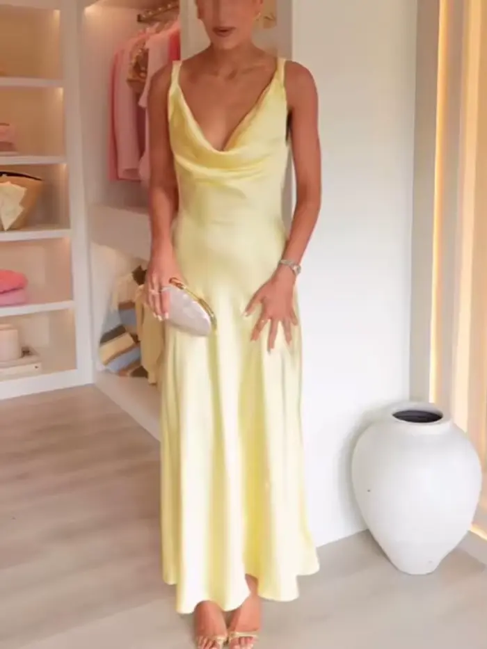 HH femmes été vacances Style col en v Satin Texture robe femme élégante Sexy solide dos nu à lacets sangle