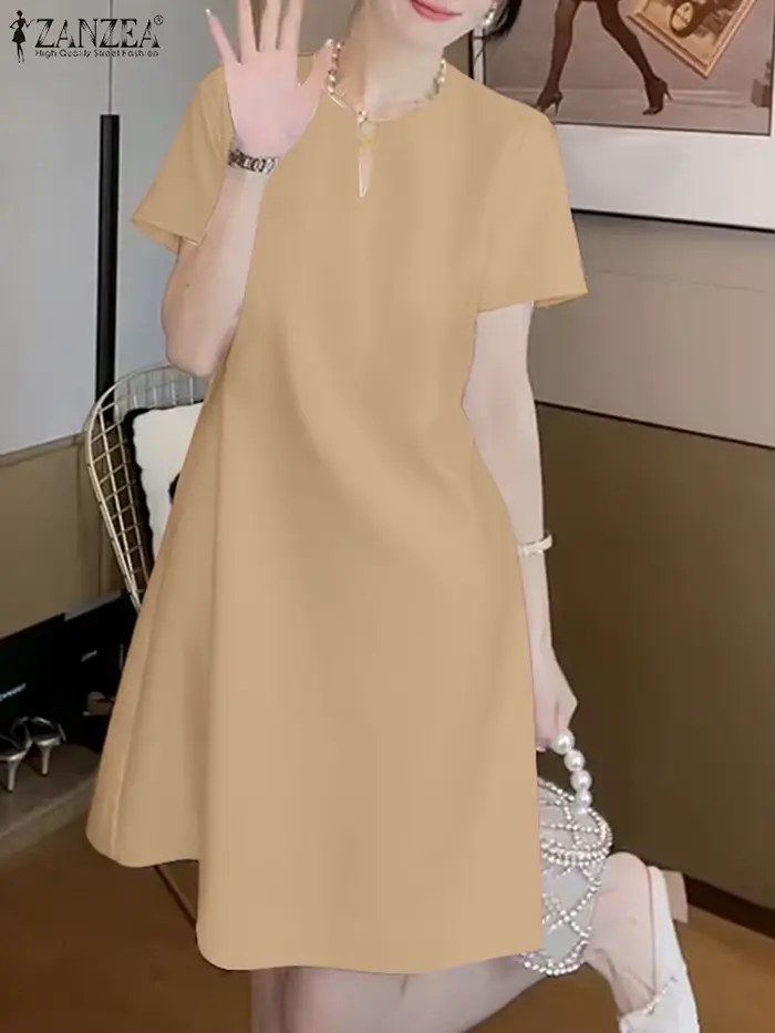 Robe en polyester ZANZEA élégante col en V à manches courtes pour femmes, occasions spéciales et quotidienne