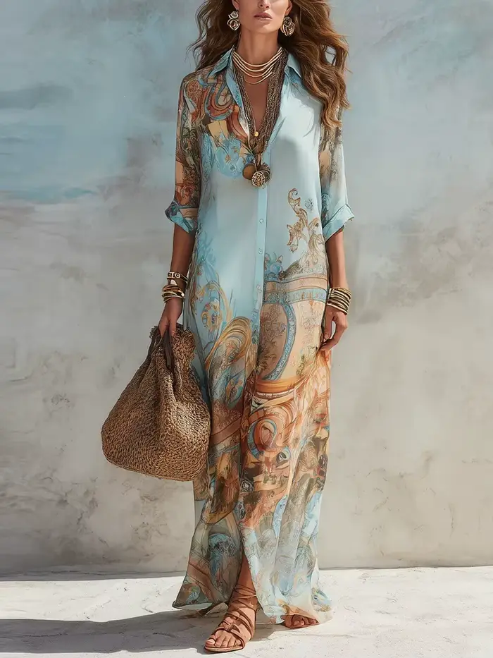 Robe longue élégante pour femme et jeune fille, imprimé numérique, col rabattu, simple boutonnage, f