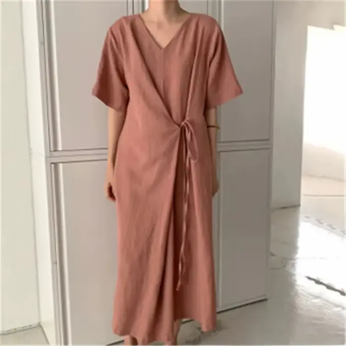 Robe longue de style coréen C622 avec ceinture, manches courtes, col en V, couleur unie, élégante, d