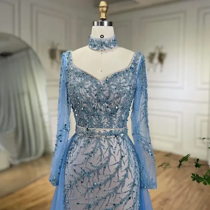 Robe de soirée sirène bleue avec perles et paillettes pour femmes élégantes occasions spéciales soirée officielle晚会晚宴露背长裙女士礼服连衣裙夜店派对晚礼服蓝色带珠光亮片高腰收腰露背鱼尾裙