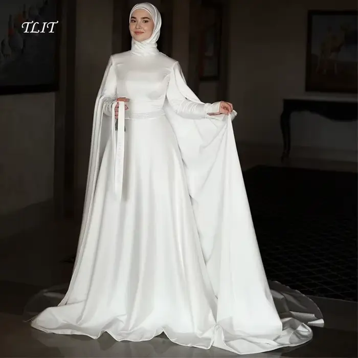 Robes de mariée musulmanes TLIT en satin de soie ivoire à col montant, manches longues, robes de mar