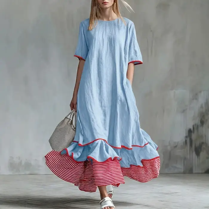 ZANZEA Robe longue d'été en lin pour femme, robe longue décontractée à rayures rouges avec ourlet pa