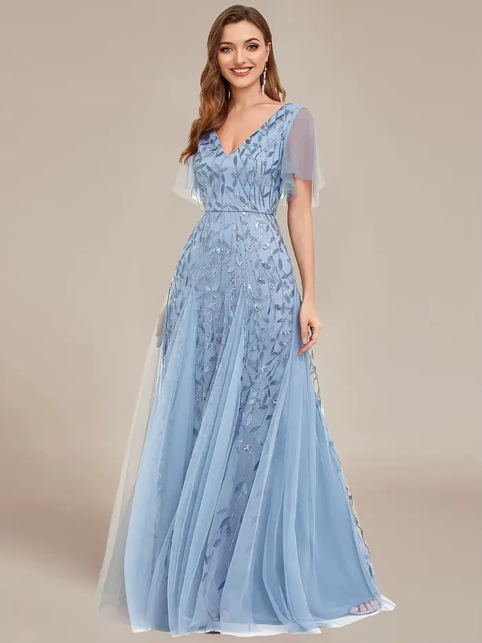 Robe de soirée élégante en gaze turquoise et paillettes avec décolleté en V et manches à volants pour femmes occasions spéciales