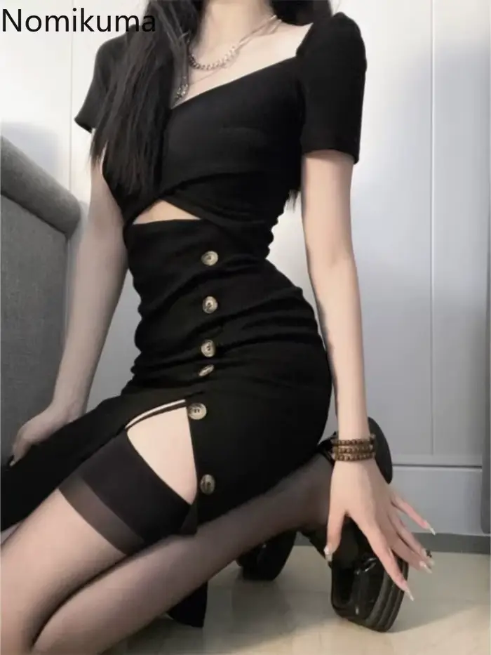 Robe noire sexy pour femmes, manches courtes, ajourée, mode coréenne, tunique fendue, robe d'été, style club, occasions spéciales