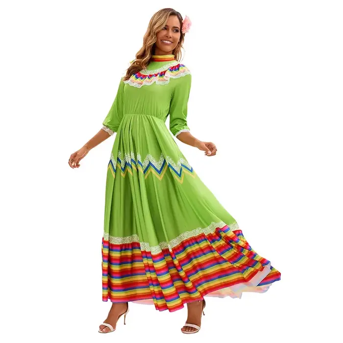 Robe longue ethnique espagnole et mexicaine rétro médiévale pour femmes, tenue de fête, de spectacle ou de jeu de rôle à thème