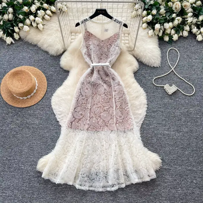 Robe longue sexy en dentelle pour femme, style Y2K streetwear, col rond, sans manches, moulante aux 