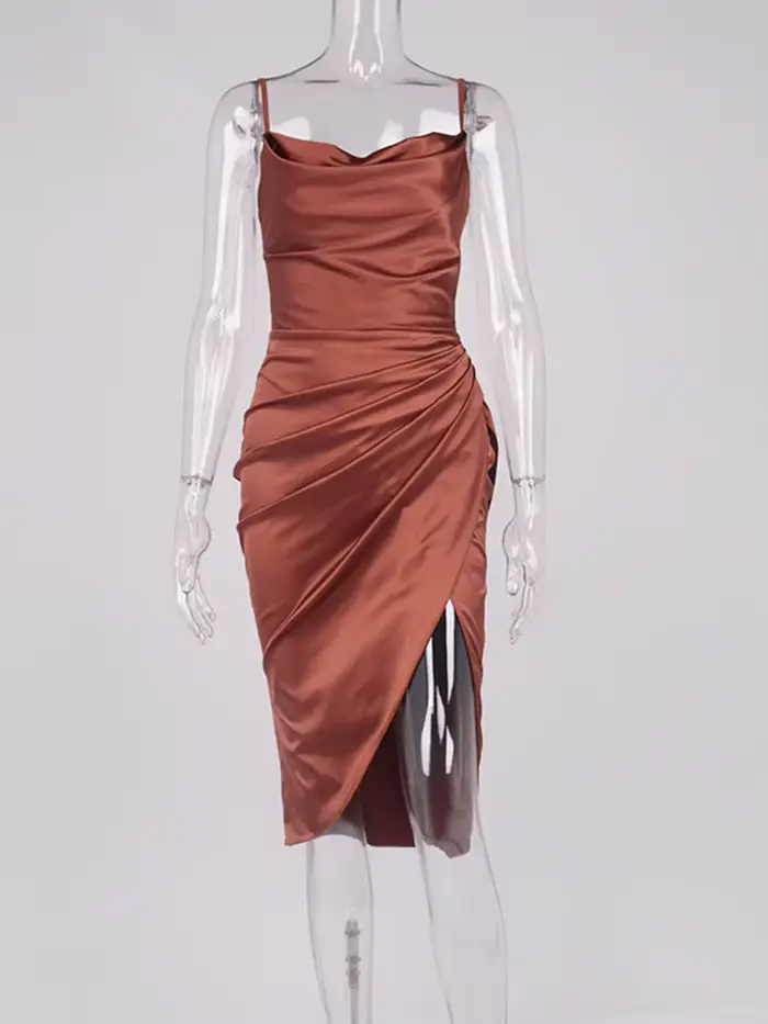 Robe en Satin brillant fendu Spaghetti sangle froncé col oscillant taille haute fête