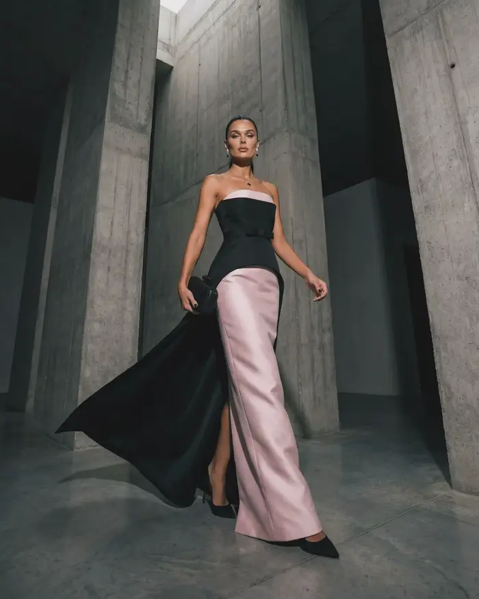 Robe de soirée élégante noire et rose sans bretelles