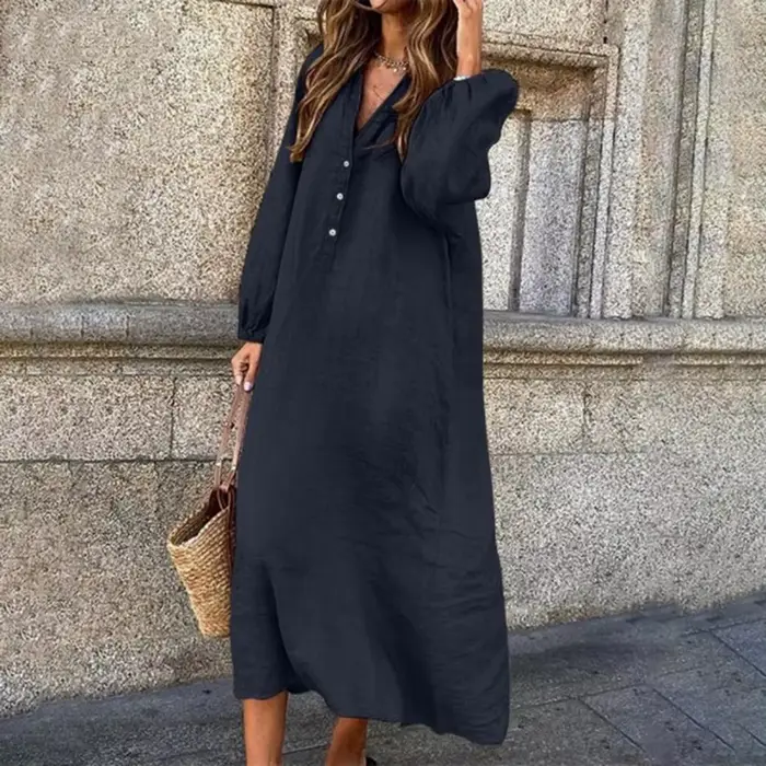 Mn-Robe à boutons en coton et lin pour femme
