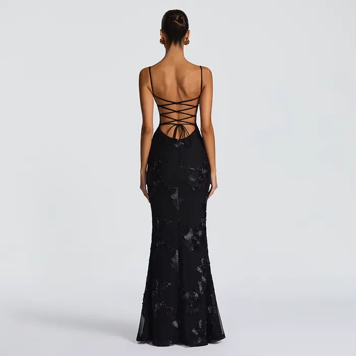 Suninheart robe sirène dos nu femmes Occasion formelle élégante robe à lacets maille broderie robe d