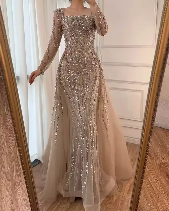 Robe de soirée sirène en dentelle perlée pour femmes, personnalisée et élégante, col carré, robe de