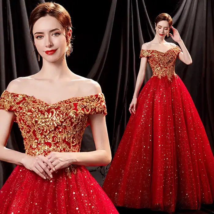 Robe de bal rouge mariée mariage Toast Solo scène Performance robe de soirée nouveau Style brillant