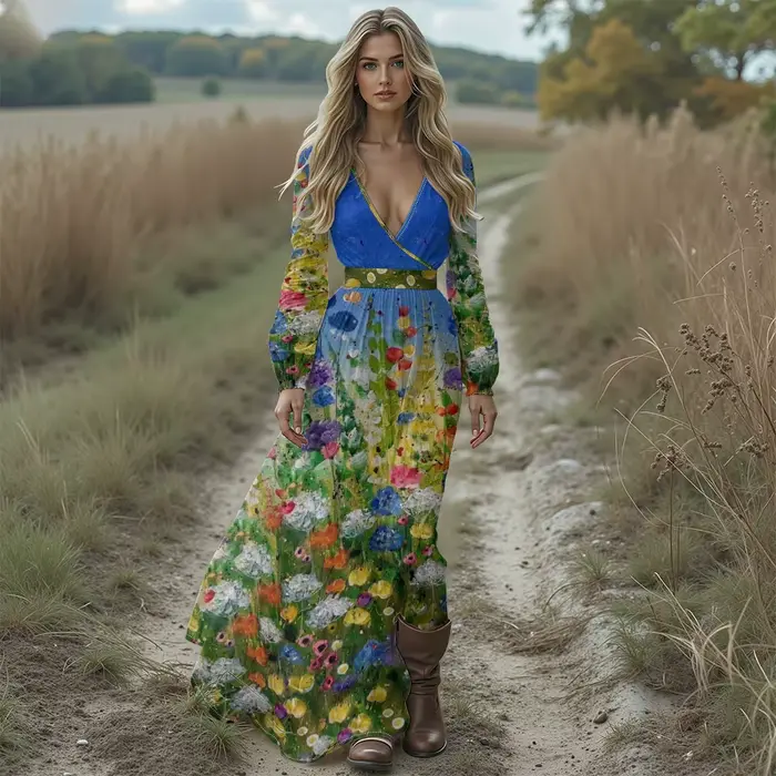 Boho Chic col en v profond imprimé fleuri robe Maxi à manches longues à volants ourlet robe pour vac