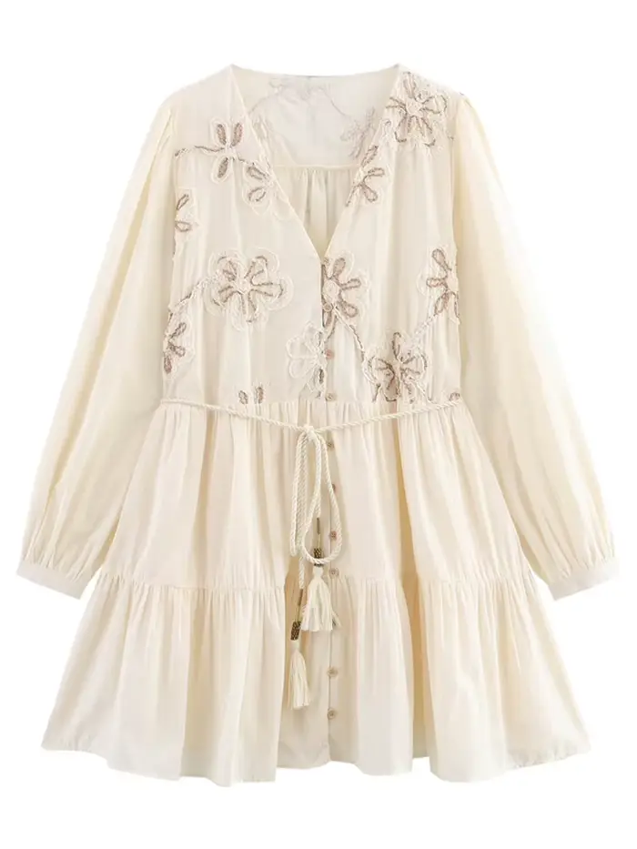 Robes pour femmes, beige, manches longues, robes courtes, nouvelle collection printemps 2026, mode féminine, vestidos décontractés, robe de fête mini brodée de fleurs
