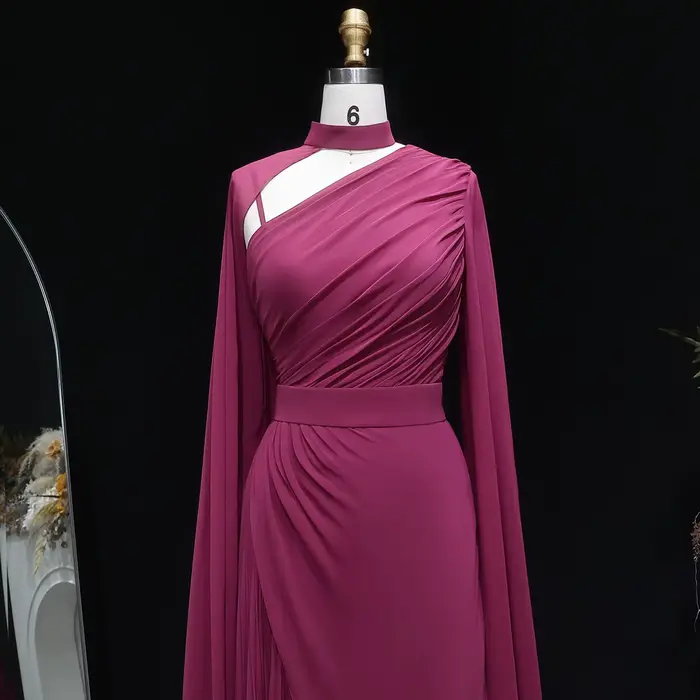 Robe Sharon Said Fuchsia en polyester avec décolleté haut et manches longues pour femmes occasions formelles et soirées spéciales