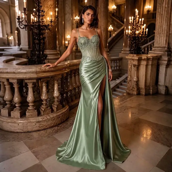 Robe de soirée Sharon Said 2026 en polyester satiné avec décolleté Mon Amour et motifs floraux pour mariage et bal de promo