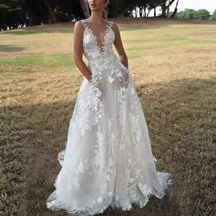 Robes pour femmes 2026 – Robes de mariée européennes en dentelle bouffante, sexy, blanches, à col ha