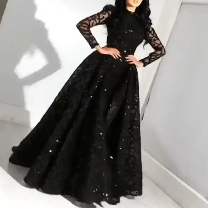 Robe de soirée à paillettes pour femme, polyester extensible, manches longues, élégante, grande balançoire, noir, été, soirées, cérémonies