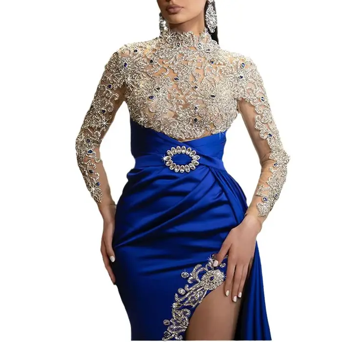 Robe longue épissée en dentelle bleue