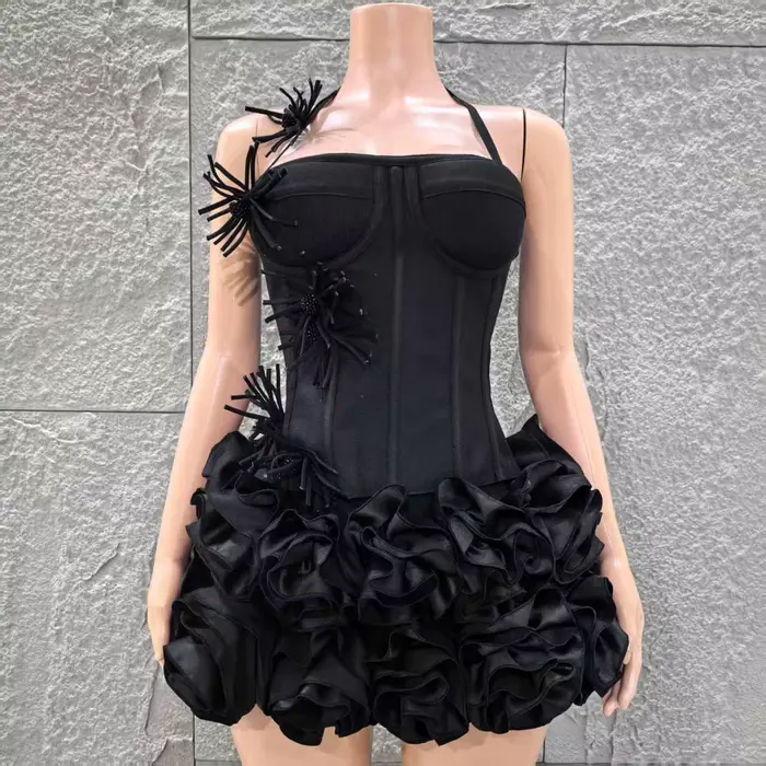 2025 nouvelle couleur noire femmes Sexy bretelles fleurs 2 pièces moulante Mini robe de pansement cé