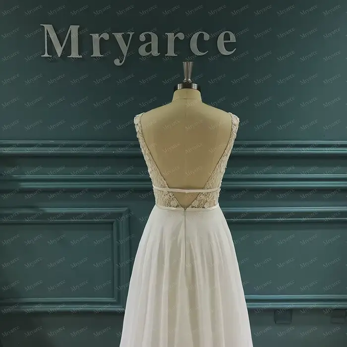 Mryarce décolleté plongeant fleur 3D dentelle dos ouvert en mousseline de soie une ligne robe de mariée robes