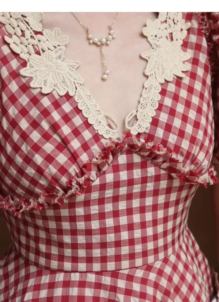 Robe à carreaux rouges style victorien élégante pour femmes été vacation date birthday party night