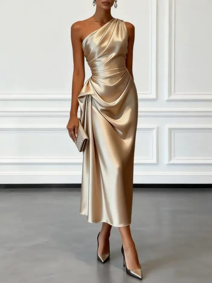 Robe midi en satin à une épaule avec taille froncée