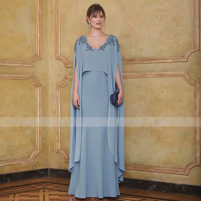 Robe de soirée bleu claire élégante avec appliques de perles pour femmes mère de la mariée longue col en V ligne A invitées de mariage 2024