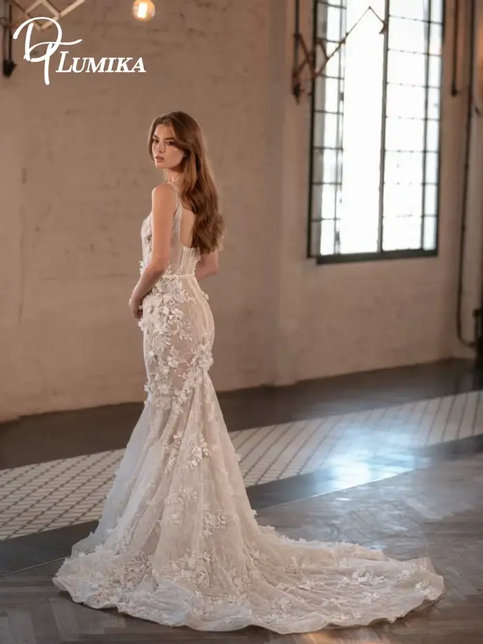 Robe de mariée sirène romantique en dentelle florale 3D 2026