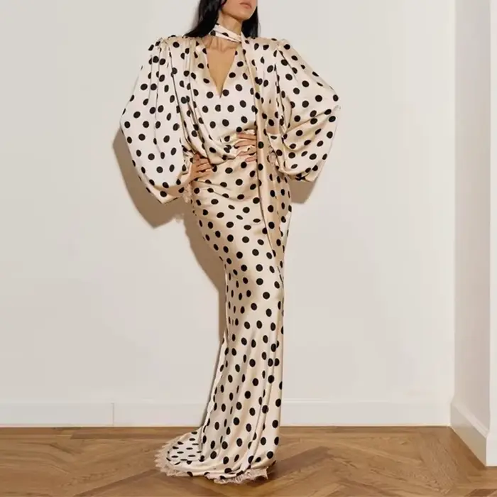 Robe de soirée élégante à pois style français, taille haute, col en V, plissée, luxueuse, manches lo