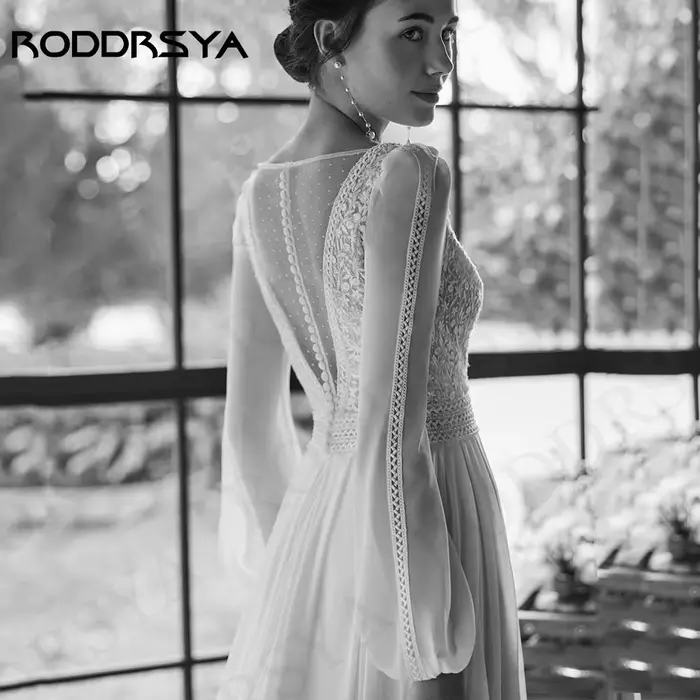 Robe de Mariée Bohème en Mousseline de Soie pour Femme Tenue Éducative Manches sulf Dentelle Appliques Ligne A