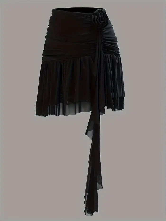 Robe mi-longue noire élégante à fleurs semi-transparente pour femme
