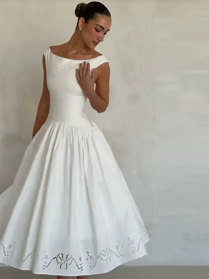 Robe Chic Vintage Blanche à Col Bateau