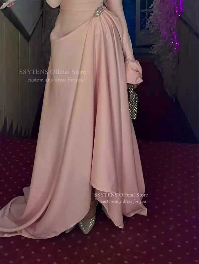 SSYTENS – robe de soirée musulmane Chic, asymétrique, en mousseline de soie, manches longues, perles, rose modeste, dubaï, personnalisée