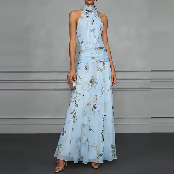 Robe d'été décontractée pour femme, style bohème, à imprimé floral, plissée, sans manches, col halte