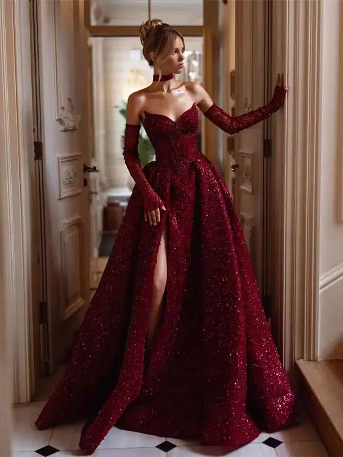Robes de soirée à paillettes exquises pour femmes, perles rouges vin, robe de princesse personnalisé