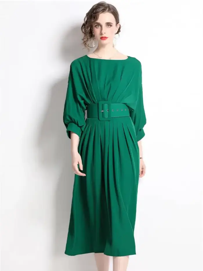 Robe mi-longue plissée pour femmes, vêtements à manches chauve-souris, taille haute, avec ceinture,